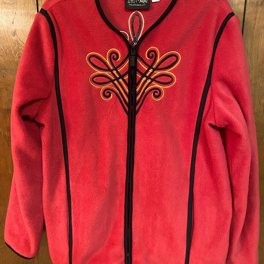 Bob Mackie Red Fleece Zip Jacket with Black Trim and Multicolor Embroidery